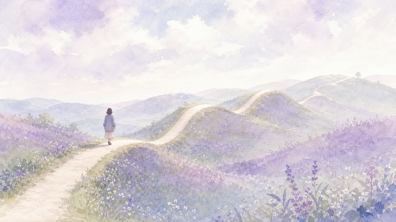 推し活をゆるく続ける心を、波のような小道で表した水彩イラスト