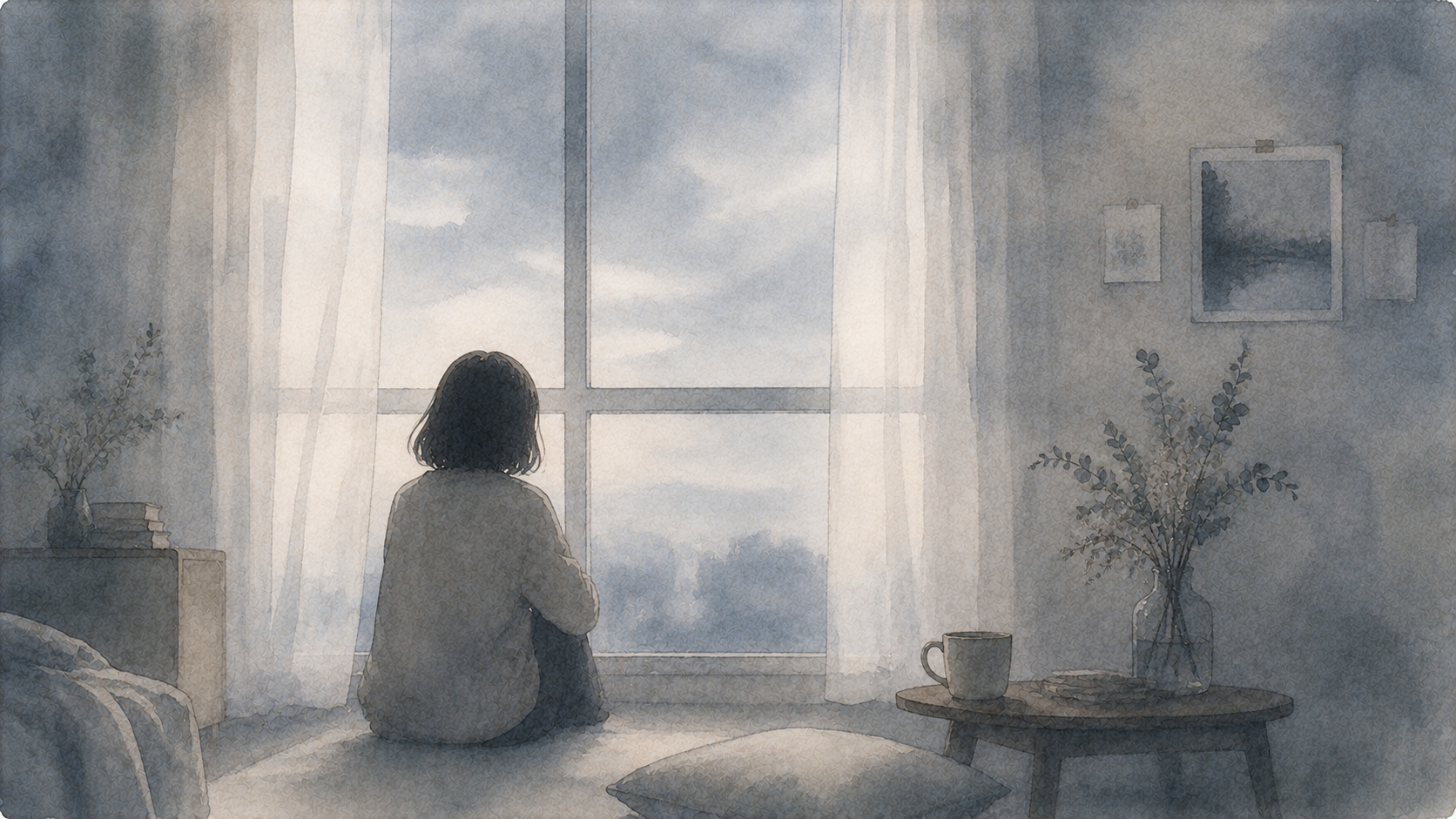 曇り空の見える窓辺に一人で座り、物思いにふける後ろ姿の水彩イラスト