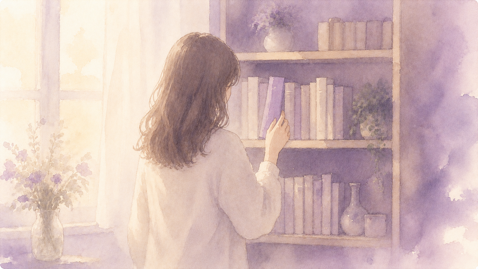 本棚の前で本に手を伸ばす女性の後ろ姿の水彩イラスト。推し活の嫉妬に向き合うための本を探す場面をイメージしています。